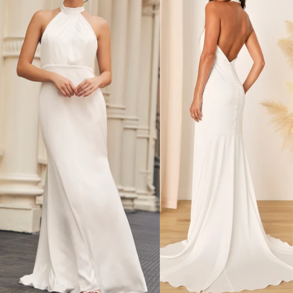 LULU'S S White Eternity Together Halter Neck Sleeveless Mermaid Maxi Dress B50